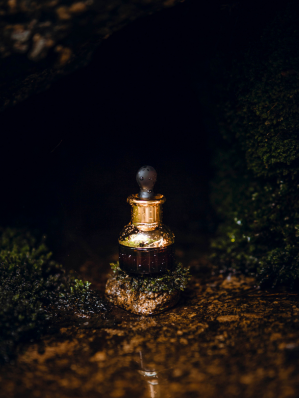 Perfumy botaniczne, aromaterapia, olejki eteryczne. Na zdjęciu buteleczka ze złotym kołnierzem i zakrętką. Butelka stoi między mchami z płytkiej wodzie górskiego strumienia.